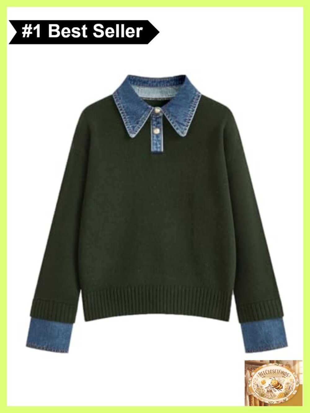 Polo Knit Sweater Oversized Long Sleeve Pullover Denim Collar Cuffs